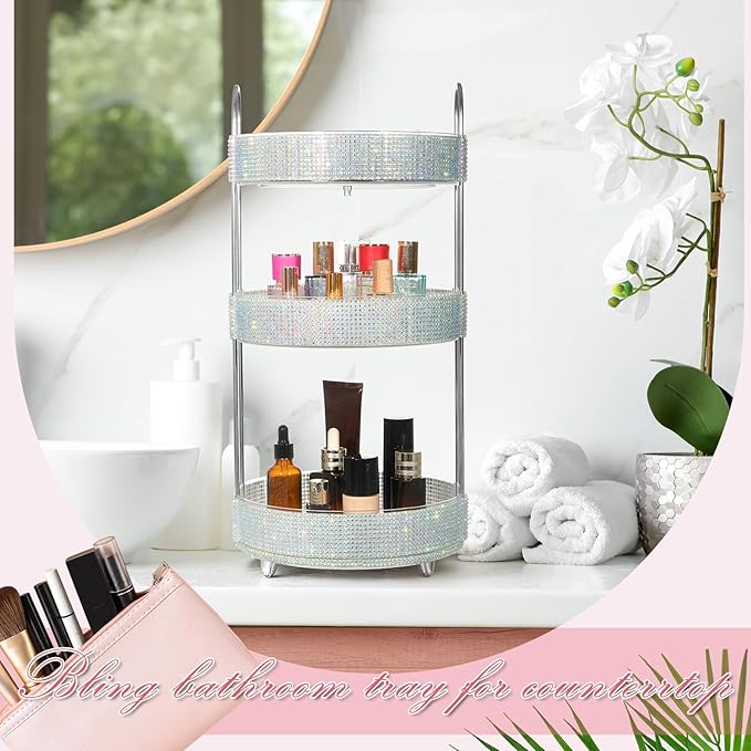 Honeydak 360 Rotating Perfume Organizer for Mother Day Nurse Day Rhinestone Bathroom Counter Organizer Makeup Holder Skincare and Perfume Storage for Cosmetic Countertop(3 Tiers,Resin Stone,Silver)