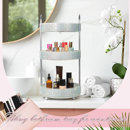 Honeydak 360 Rotating Perfume Organizer for Mother Day Nurse Day Rhinestone Bathroom Counter Organizer Makeup Holder Skincare and Perfume Storage for Cosmetic Countertop(3 Tiers,Resin Stone,Silver)