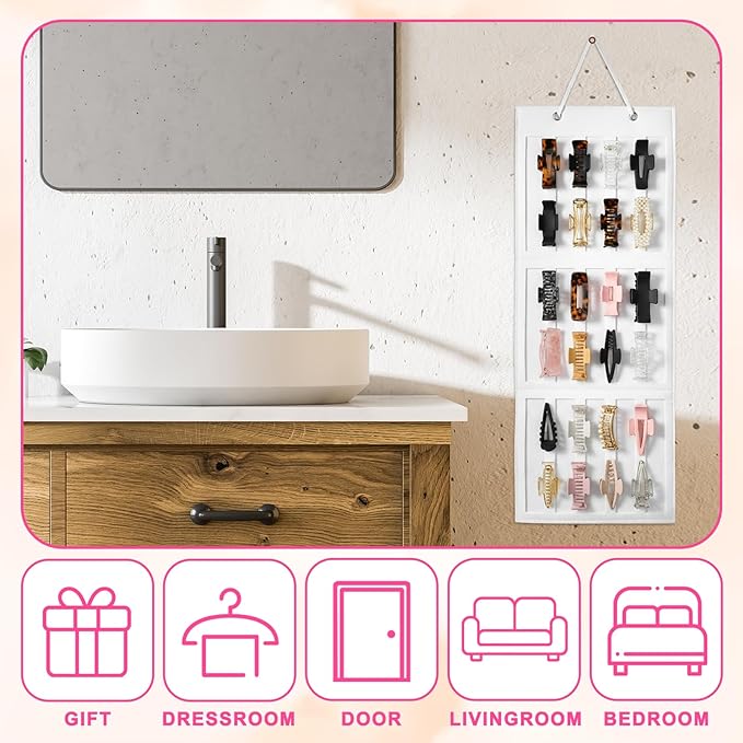 Hanging Hair Clip Holder, Claw Clip Organizer for Women Beige Claw Clips Holder Portable Hairbow Organizersfor Hanging Bedroom Bathroom Wall Door Closet
