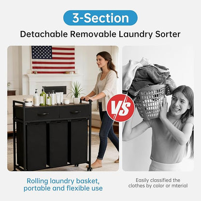 Laundry Sorter with 3 Section Pull Out Bags Rolling Laundry Basket Organizer with 2 Drawers Laundry Hamper with Shelves and Wheels for Laundry Room, Bathroom, Bedroom Organization (1 Tier)