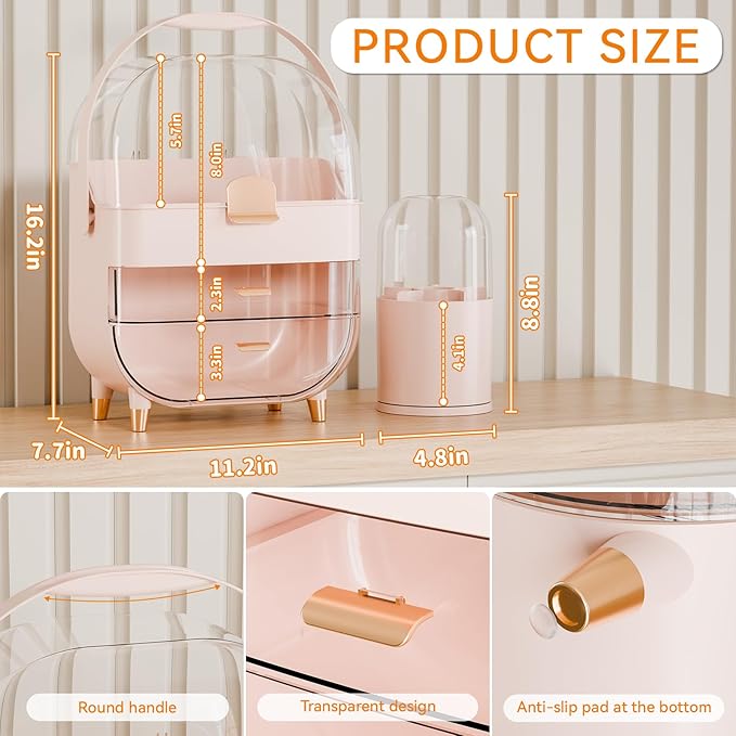 Yieach Countertop Makeup Organizer for Vanity,Large Capacity Skincare Organizers With Drawers and Makeup Brush Holder,Cosmetic Display Cases with Clear Cover for Bathroom,Dresser,Beauty Product,Pink