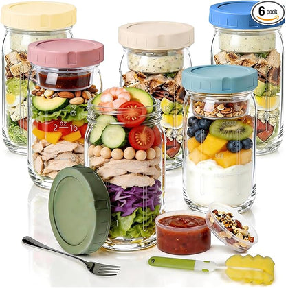 6 Pack Glass Salad Jars with Dressing Cups for Meal Prep, 32oz Leakproof Mason Jars Container with 2 Built-in Compartments for Wet/Dry Separation, Portable Salad Pod for Lunch (6)