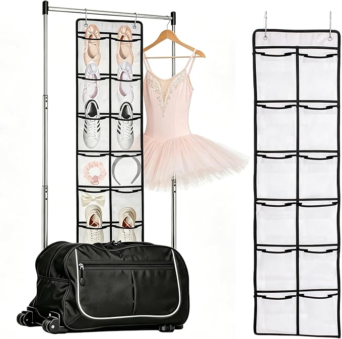 55 Inch Hanging Organizer for Dance Bag： 6-Section Mesh Hanging Shoe Rack Large Vertical Storage for Shoes accessory Dance Bag Organizer accessory White