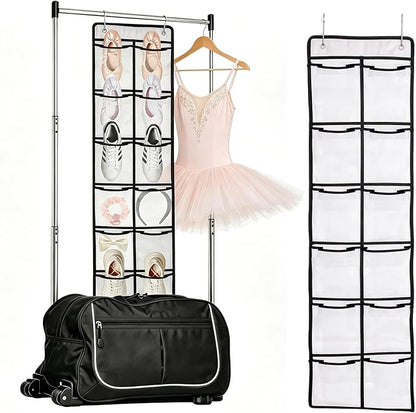 55 Inch Hanging Organizer for Dance Bag： 6-Section Mesh Hanging Shoe Rack Large Vertical Storage for Shoes accessory Dance Bag Organizer accessory White