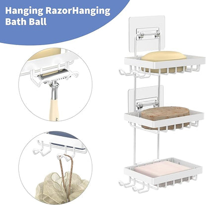 Moforoco 3-Tier White Soap Bar Holder for Shower, No Drilling, 304 Stainless Steel, Wall Mounted Soap Holder with 4 Hooks and Razor Holder, Shower Rack Soap Tray Bar Soap for Bathroom Accessories
