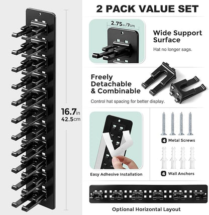 2 Pack Hat Organizer for Baseball Caps,Detachable DIY Hat Rack for Wall Hold Up to 22 Hats,Baseball Cap Organizer Cap Holder Hat Hangers for Wall Closet Door Bedroom (1A-Black)