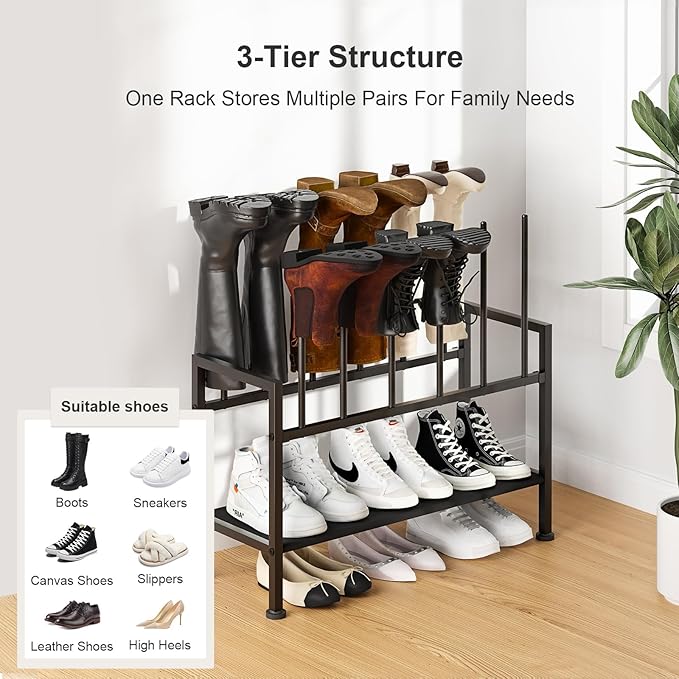 DIMJ Free Standing Shoe Racks - 3-Tier Boot Rack, Black Metal Boot Storage Organizer Tall Boots Organizer for Closet, Shoe Rack for Boots, Sneakers,Fit for 12 Pairs Boots, 2-Pack, Black
