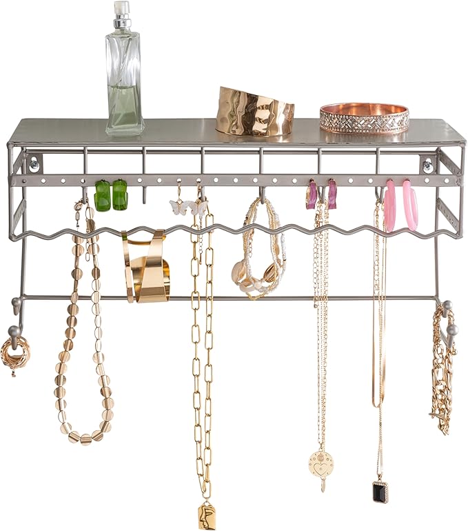 Simplify Wall Mounted Jewelry Organizer | Dimensions: 14.6"x 3.9"x 7.5" | 1 Tier | Home Organization | Great for Bracelets | Necklaces | Earrings | Satin Finish | Mirror Base Shelf