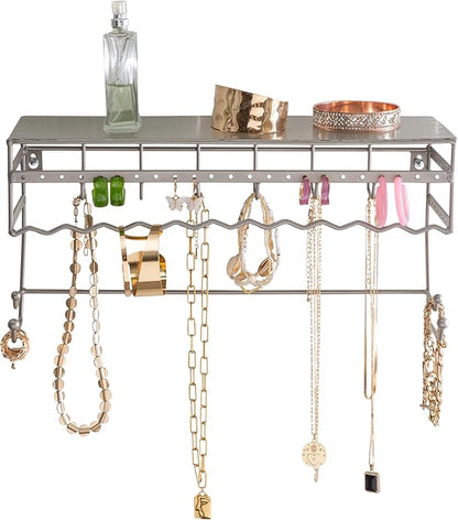 Simplify Wall Mounted Jewelry Organizer | Dimensions: 14.6"x 3.9"x 7.5" | 1 Tier | Home Organization | Great for Bracelets | Necklaces | Earrings | Satin Finish | Mirror Base Shelf