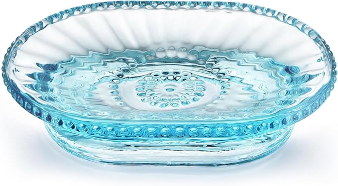 Glass Soap Dish, Vintage Embossed Bar Soap Holder, Decorative Soap Saver Tray for Shower, Bathtub, Bathroom and Kitchen Sink