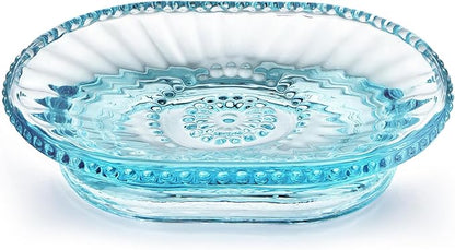 Glass Soap Dish, Vintage Embossed Bar Soap Holder, Decorative Soap Saver Tray for Shower, Bathtub, Bathroom and Kitchen Sink