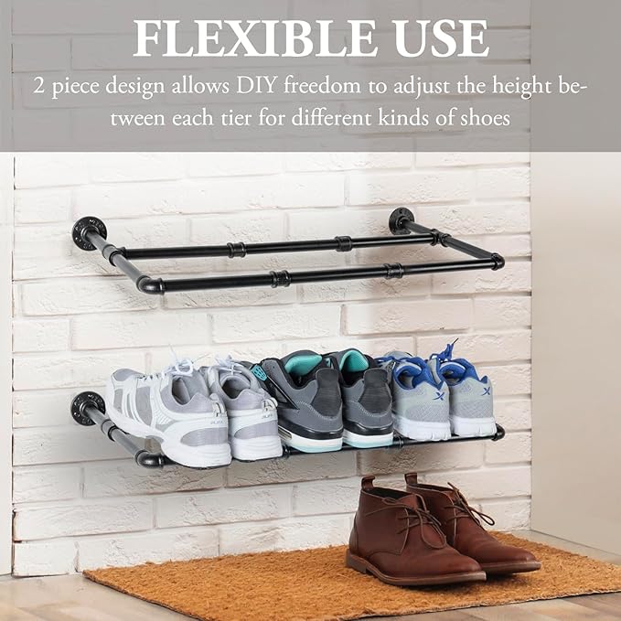 MyGift Set of 2 Industrial Matte Black Metal Pipe Hanging Shoe and Boot Rack Shelves, Wall Mounted Space Saving Footwear Storage for Closet, Mudroom, Entryway, Holds 6 Pairs