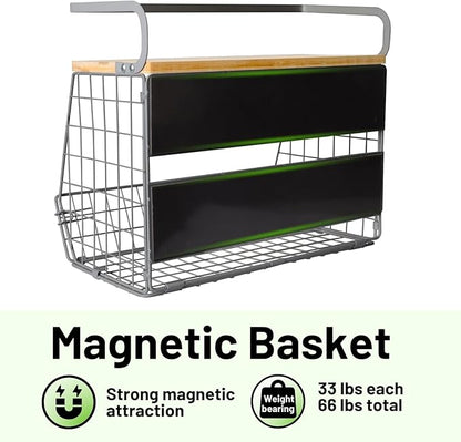 Ofiray-home Magnetic Fridge Shelf with Wood Lid, Fruit Potato Onion Storage Bins, Pantry Organizers, Large Container Spice Rack for Refrigerator, Kitchen Counter, Cabinet (1, Silver)