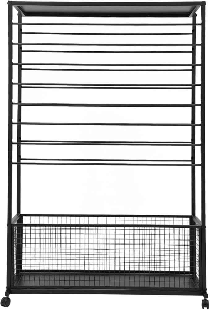 Commercial Ribbon Holder Organizer w/ 16 Rods & Locking Wheels - 59" Mobile Craft Storage for Florists, 4-Tier w/Mesh Basket (Black, 39.37 * 12.6 * 59.06in)