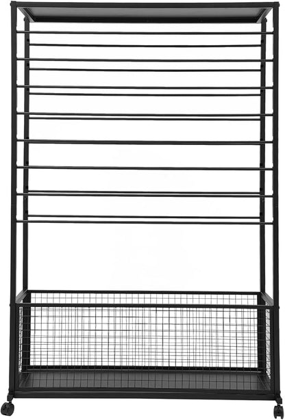 Commercial Ribbon Holder Organizer w/ 16 Rods & Locking Wheels - 59" Mobile Craft Storage for Florists, 4-Tier w/Mesh Basket (Black, 39.37 * 12.6 * 59.06in)