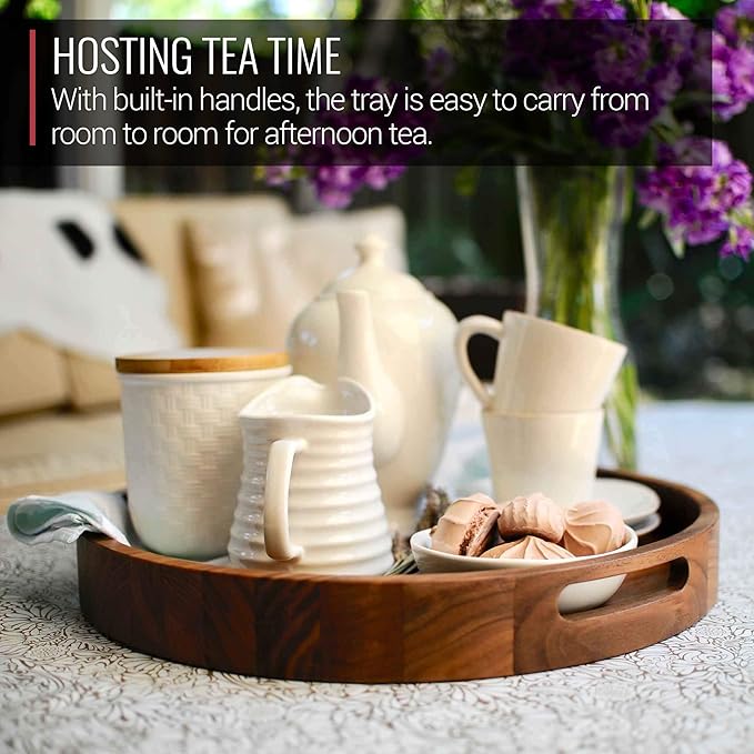 Virginia Boys Kitchens Round Serving Tray – 16.5 Inch Walnut Wood Platter with Handles - Perfect for Serving or Centerpiece Display on Ottoman and Coffee Table