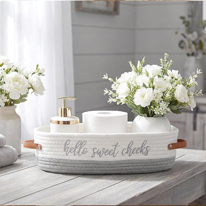 Hello Sweet Cheeks Bathroom Decoration Grey and White Cotton Rope Toilet Basket Toilet Paper Holder Basket Rustic Bathroom Organizer Farmhouse Home Decoration Organizing Small Baskets