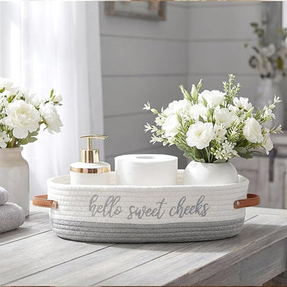 Hello Sweet Cheeks Bathroom Decoration Grey and White Cotton Rope Toilet Basket Toilet Paper Holder Basket Rustic Bathroom Organizer Farmhouse Home Decoration Organizing Small Baskets