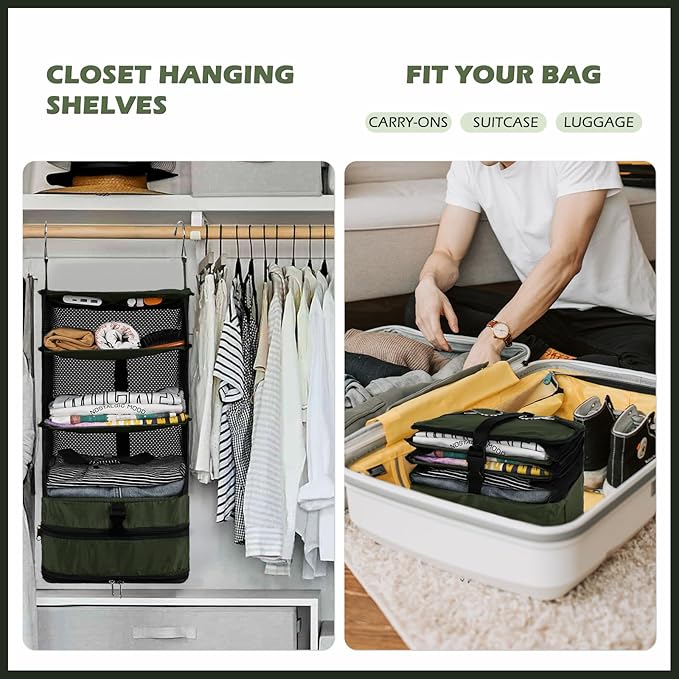 Surblue Hanging Closet Storage Bag Collapsible 3-Shelf Washable Oxford Fabric with 2 Hooks (L 11.41 * 11.41 * 19.68in, Dark Green)
