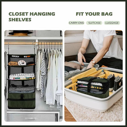 Surblue Hanging Closet Storage Bag Collapsible 3-Shelf Washable Oxford Fabric with 2 Hooks (L 11.41 * 11.41 * 19.68in, Dark Green)