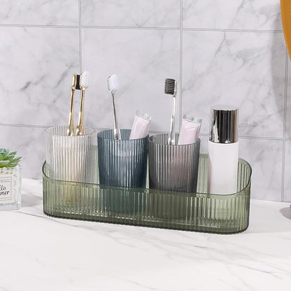 DASITON Makeup Brush Holder Organizer with 4 Cup, Vintage Striped Make Up Brush Holder for Vanity, Bathroom Toothbrush Holders, Acrylic Cosmetic Brushes Storage Organizer Pen Holder (Green+Multicolor)