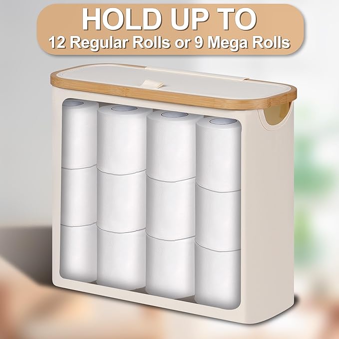 efluky Toilet Paper Basket 28L, Toilet Paper Holder with Lid for Bathroom, Free Standing Storage Organizer Holds Up to 9-12 Rolls (Beige, 1)