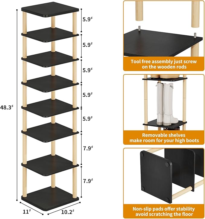 LUCKNOCK Vertical Shoe Rack, 8-Tier Tall Narrow Shoe Organizer for Entryway, Closet, Dorm & Small Spaces, Freestanding Wooden Shoe Shelf Tower for Boots, Sneakers, Heels. (Black)