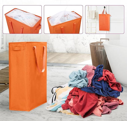 Odonata Slim Laundry Hamper Handles Collapsible Laundry Basket Thin Dirty Clothes Basket Narrow Laundry Bag Foldable Dirty Hamper 45L (Orange)