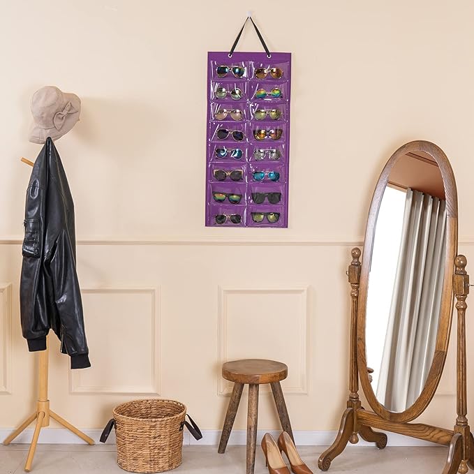 Lolalet Sunglasses Organizer, Hanging Sunglass Holder Organizer for Wall 16 Slots Double Sided Glasses Organizer -Purple, 1 Pack
