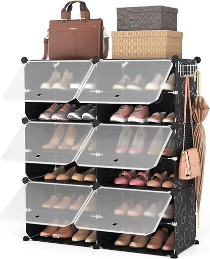 ROJASOP Portable Shoe Rack Organizer 6-Tier Shoe Cabinet 24-Pair Shoe Organizer Shoe Storage Expandable Free Standing Stackable Space Shoe Rack with 2 Exclusive Versatile Hooks for Bedroom Black