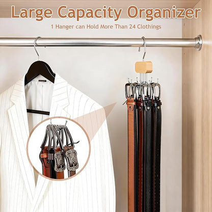 Belt Hanger for Closet, 3 Pack Belt Organizer for Closet Space Saving & Storage, 360° Rotatable & Foldable Hooks, Large Capacity Holder Rack for Tie, Tank Top, Bra, Purse, Hat (Natural)