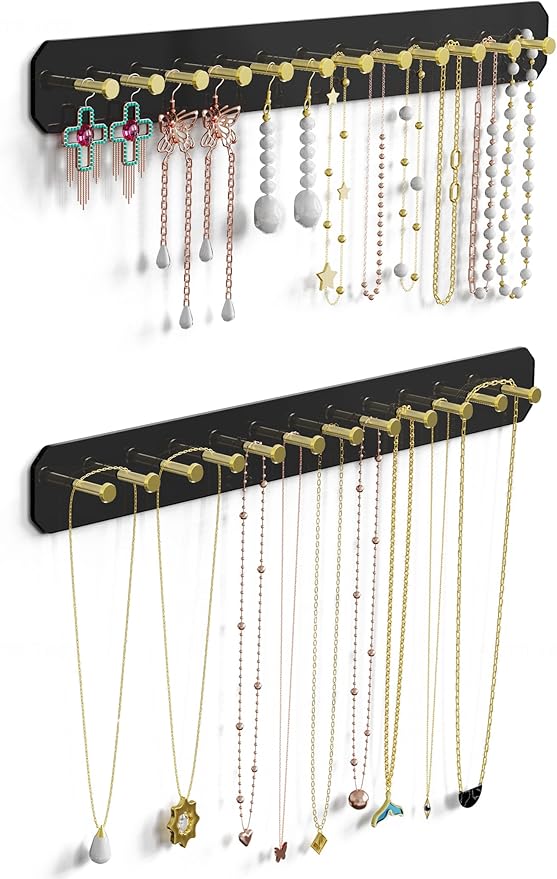 NiHome Wall Mounted Acrylic Jewelry Organizer 2-Pack, Durable Sleek Rack Strong Carbon Steel Hooks for Dressing Table, Bathroom, Kitchen, Hassle-Free Installation Multiple Mounting Options (Black)