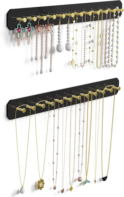 NiHome Wall Mounted Acrylic Jewelry Organizer 2-Pack, Durable Sleek Rack Strong Carbon Steel Hooks for Dressing Table, Bathroom, Kitchen, Hassle-Free Installation Multiple Mounting Options (Black)