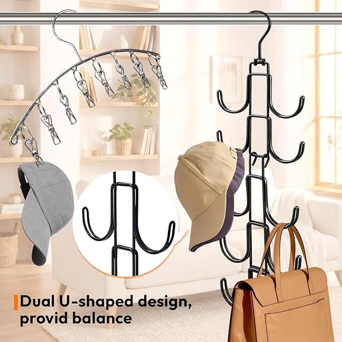 Hat Hangers for Closet, Hat Organizer for Baseball Caps, Stainless Steel Hat Rack with 10 Hooks for Caps Storage and Closet Organization (Black)
