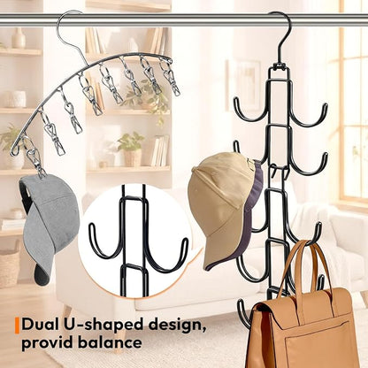 Hat Hangers for Closet, Hat Organizer for Baseball Caps, Stainless Steel Hat Rack with 10 Hooks for Caps Storage and Closet Organization (Black)