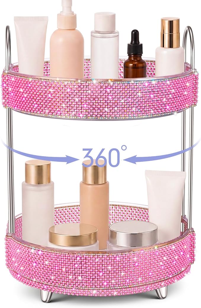 Honeydak 360 Rotating Perfume Organizer for Mother Day Nurse Day Rhinestone Bathroom Counter Organizer Makeup Holder Skincare and Perfume Storage for Cosmetic Countertop(2 Tiers,Pearl,Pink)