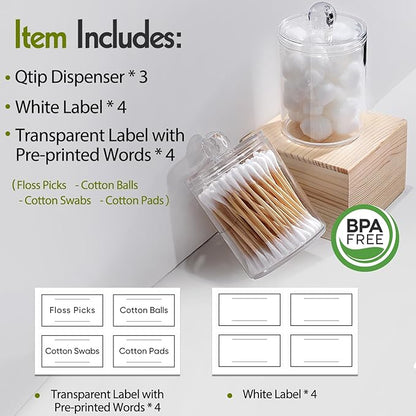 AOZITA 3 Pack Acrylic Qtip Holder Dispenser for Cotton Swab, Ball, Round Pads, Floss Picks - 10 oz Clear Plastic Apothecary Jar Set for Bathroom Canister Storage Organization, Vanity Makeup Organizer