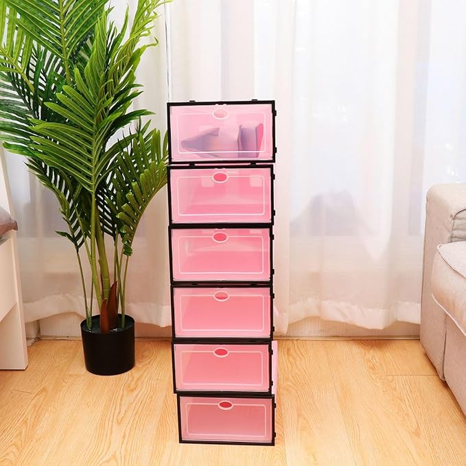 NUOBESTY 6pcs Thickened Stackable Shoes Storage Boxes Plastic Shoe Containers with Black Frame Pink Lid for Men’s Closet Organization
