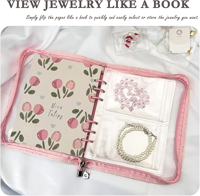 Jewelry Organizer Travel,Jewelry Storage Book with 40 Large PVC pouches,Portable Jewelry Organizer Zipper Bags for Necklaces Bracelet Rings and Earrings (front cover removable),Pink