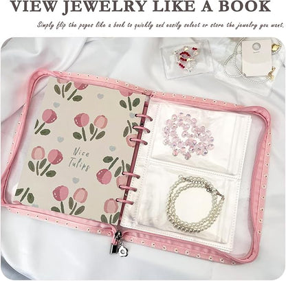 Jewelry Organizer Travel,Jewelry Storage Book with 40 Large PVC pouches,Portable Jewelry Organizer Zipper Bags for Necklaces Bracelet Rings and Earrings (front cover removable),Pink