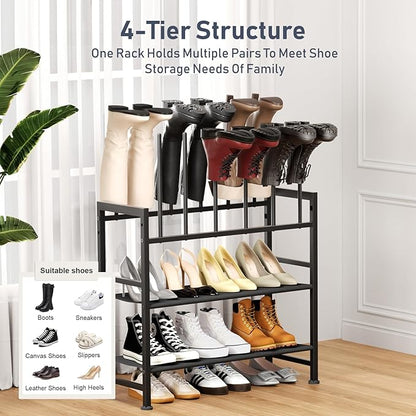 DIMJ Free Standing Shoe Racks - 4-Tier Boot Rack, Black Metal Boot Storage Organizer Tall Boots Organizer for Closet, Multiuse Shoe Rack for Boots, Sneakers,Fit for 6 Pairs Boots, Black