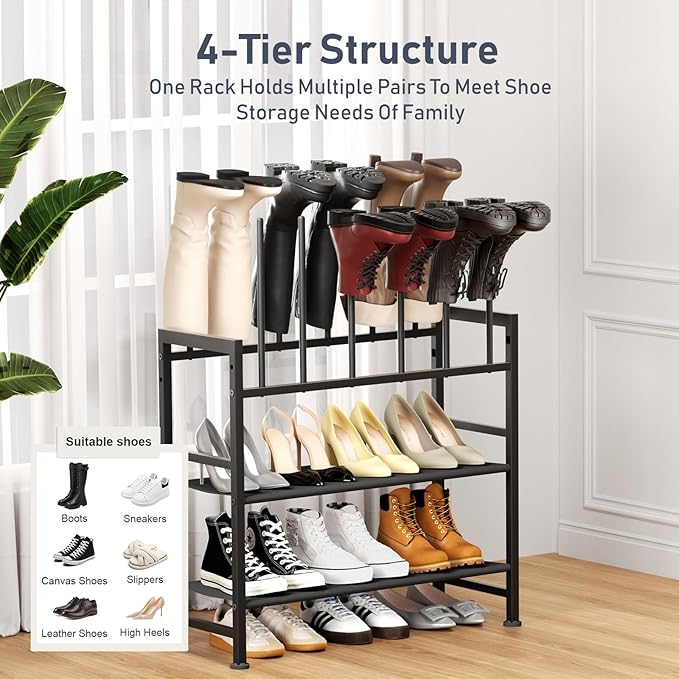 DIMJ Boot Rack 4-Tier - Black Metal Boot Storage Rack for Tall Boots Organizer Tall Boots, Multiuse Shoe Rack for Boots, Sneakers, High-Heel, Entryway, Fits 6 Pairs