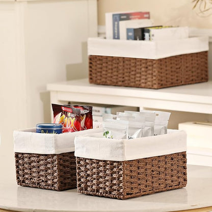 Vagusicc Wicker Basket, Set of 3 Hand-woven Storage Baskets for Organizing, Decorative Rectangle Wicker Storage Basket Bins with Handles, Small Toilet Paper Storage Baskets for Shelves & Decor, Brown