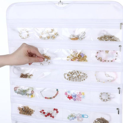 2 Pack Hanging Jewelry Organizer 80 Zippered Pockets 80-Pocket Dual-sided Jewelry Storage for Necklace Bracelet Earring RingsTravel Holder - White