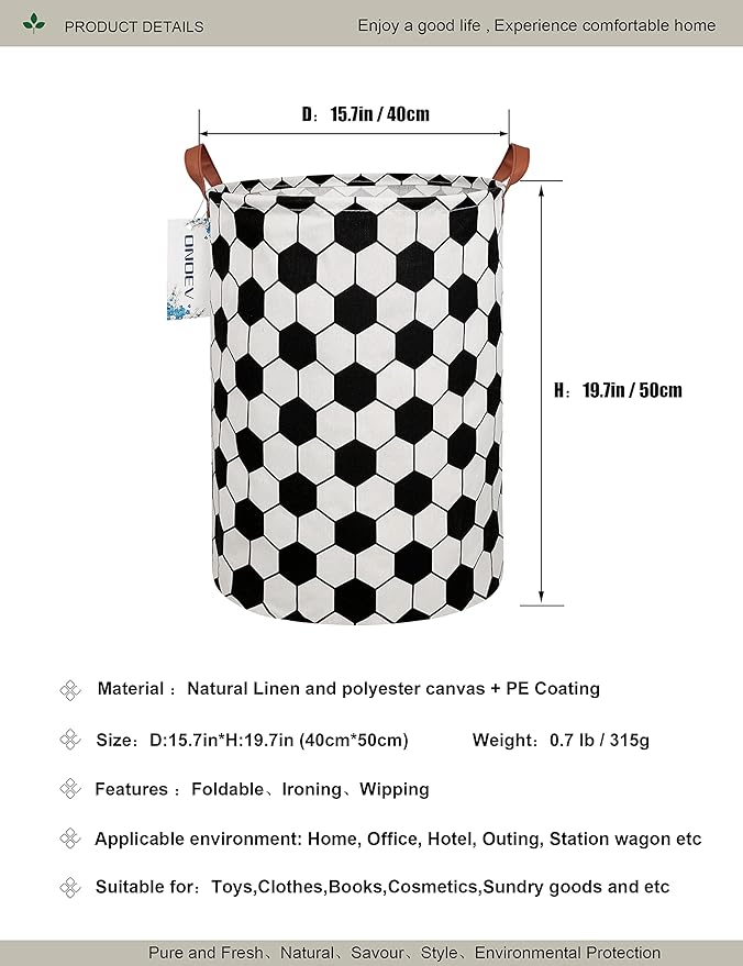 Round Soccer Ball Laundry Basket,Collapsible Laundry Hamper for Boys,Classic Football Print Storage Bin,Waterproof Toy Storage for Kids Room,Nursery,Playroom,New Parent Gift(Hexagon Football)