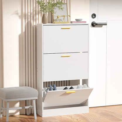 JOZZBY Shoe Cabinet Storage with 3 Flip Drawers for Entryway, White Slim Freestanding Modern Narrow Shoe Organizer Rack Cabinet for Hallway, Living Room, Set of 2