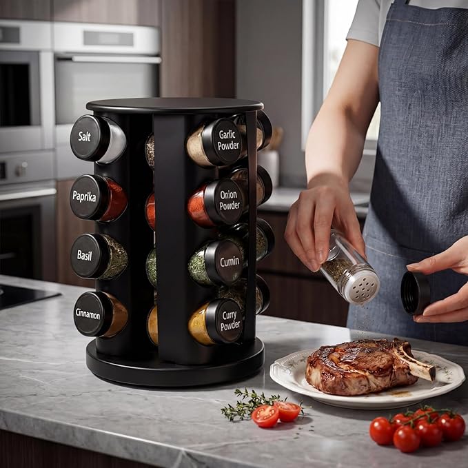 Yungyan Black Rotating Spice Rack Seasoning Organizer with 16 Empty Jars, Spice Containers Set with Labels and Funnel, Revolving Seasoning Rack for Kitchen Accessories (Stainless Steel,Glass)