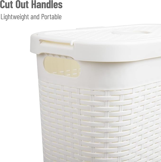 Mind Reader Slim Laundry Hamper with Lid, 40L Clothes Basket, Narrow Tapered Design with Ventilated Cutout Pattern, Plastic, White