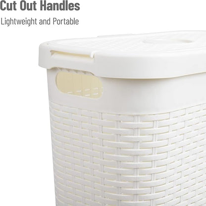 Mind Reader Slim Laundry Hamper with Lid, 40L Clothes Basket, Narrow Tapered Design with Ventilated Cutout Pattern, Plastic, White