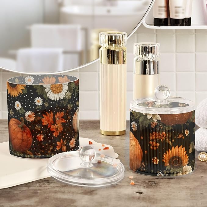 2 Pack Qtip Dispenser Apothecary Jars with Lids Cotton Round Holder Bathroom Canisters for Cotton Swab Floss Ball Pads Clear Plastic Decorative Black Pumpkins Sunflowers Daisy